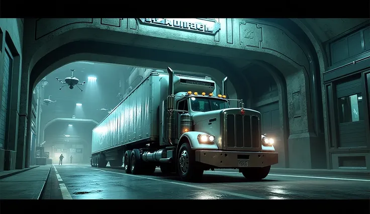 A wide shot frames the **Freightmaster HX-90 Enhanced** as it emerges from the dark **H.A.P.S. security tunnel** into the **loading dock compound.** The stark white truck contrasts against the cold, industrial backdrop of towering **concrete walls** lined ...