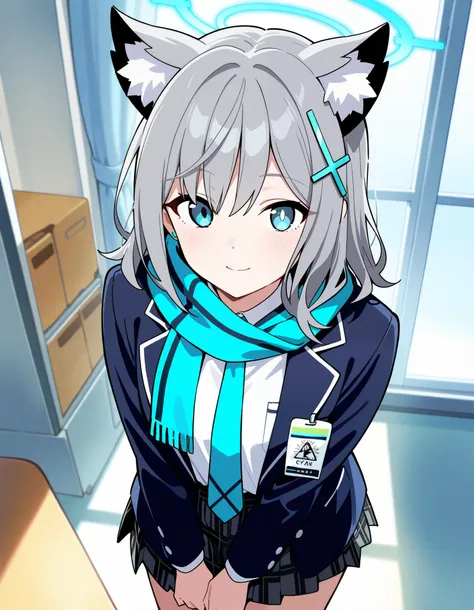 Hd, Masterpiece, 2d, anime, blue archive, blue, shiroko, smile, wolf ears, blue eyes, grey hair, hair ornament, hairpin, cross hairpin, halo, medium hair, wolf ears, checkered clothes, checkered skirt, school uniform, white collared shirt, dark blue blazer...