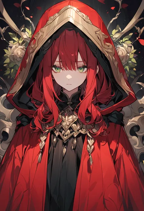  red haired woman、 Noble Attire、 green eyes、 hides his head in a hood、 expressionless 