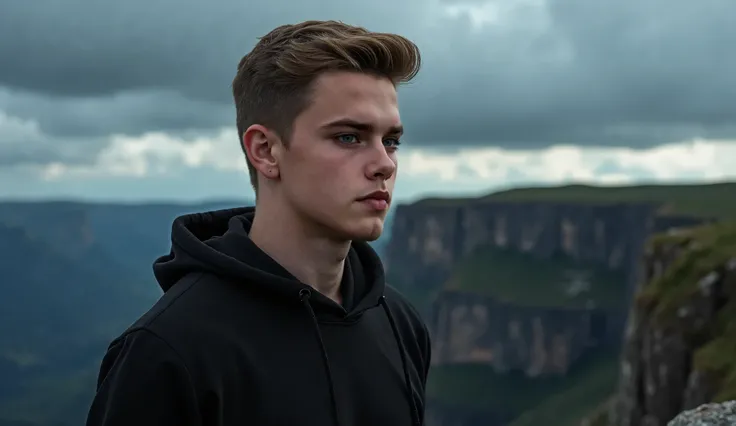 Real Photo, reality, a close portait, a 25 years old guy, light brown hair, short straight hair, pale skin, blue eyes, badass, masculinity, virility, very beautiful guy, the most beautiful guy of the world, looking away, a black hooded sweater, on top of a...