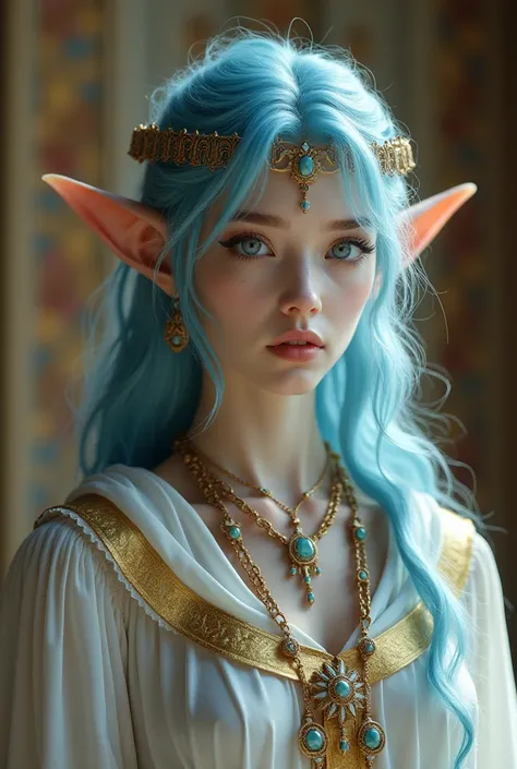 Upper body shot, female, pointy elf ears, white skin, sky blue hair, closed mouth, ancient greek noble attire, greek jewelry, dynamic pose, complex fantasy character, NSFW, cinematic lighting, fantasy, magic, detailed background, in ancient greek palace, b...