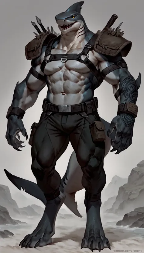 sharkman, anthro megalodon, hunk, black and blue hands and fins, black back, solo, big arms, bara, detailed smooth skin, lizard shark hybrid, anthro, closed mouth, predatory grin, detailed scales, muscular, thick legs, proporcional body, wide chest, trapez...