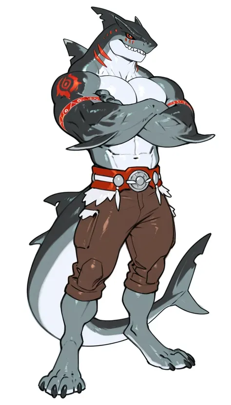 sharkman, anthro megalodon, darker hands and fins, black back, solo, big arms, bara, detailed skin, lizard shark hybrid, anthro, closed mouth, tribal polynesian tattoos, detailed shark skin, scalie arms, fins on arms, gray color body, beefy, thick scales o...