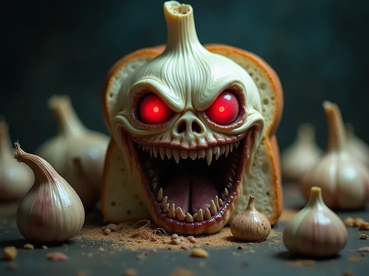 Generate a garlic head with bright red eyes and sharp teeth,  with a scary and monstrous appearance ,  emerging from a slice of bread . around, fungi and mold growing ,  creating a dark and surreal environment .  Dark, blurry background to highlight the sp...