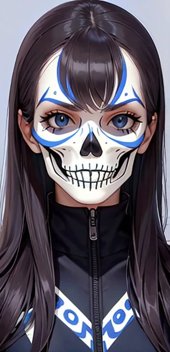 woman, skull face paint, long hair brown, normal, she is solo, from alternative world ,best quality, realistic, cycling blue black color suit and cycling sports shorts