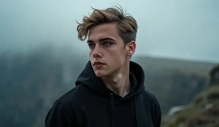 Real Photo, reality, a 25 years old guy, light brown hair, long wavy hair, hair fluttering in the wind, pale skin, blue eyes, badass, masculinity, virility, very beautiful guy, the most beautiful guy of the world, looking away, a black hooded sweater, on t...