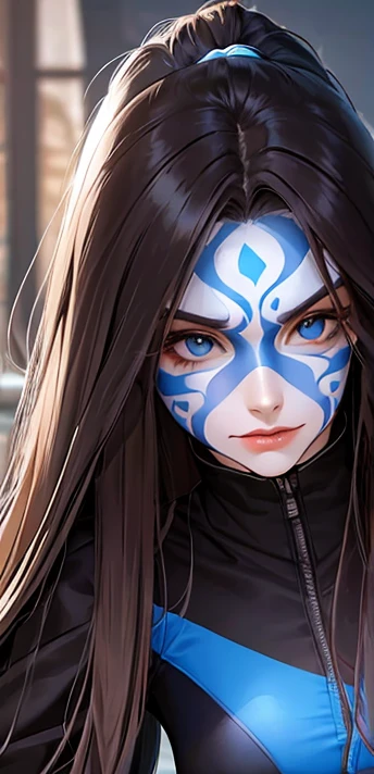 woman, scary face paint, long hair brown, normal, she is solo, from alternative world ,best quality, realistic, cycling blue black color suit and cycling sports shorts