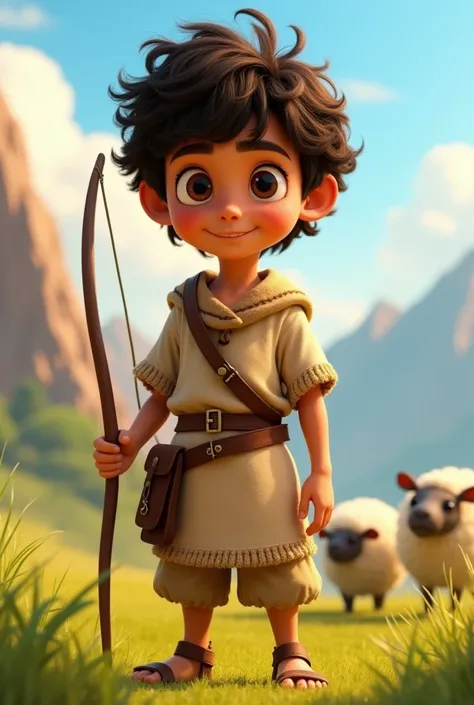  Create a young shepherd named Davi in 3D style inspired by the Disney Pixar aesthetic.  He must be approximately  ,  with a face friendly and expressive that transmits courage , humility and determination .  His skin is suntanned ,  the big, brown eyes sh...