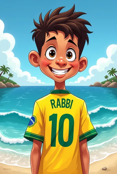 Make an  cartoon boy which is wearing a Brazil yellow jersey of 10 number infront of sea & there wiil be name on back side of Jersey the name is RABBI