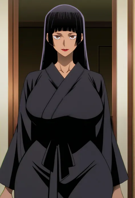 Jujutsu Kaisen anime style screencap an mature woman with long black hair blunt bangs hime-cut brown eyes wearing black bath robe with red lipstick and wide hips big chest dark brown skin complexion she is standing while looking at the viewers_score_9_up, ...