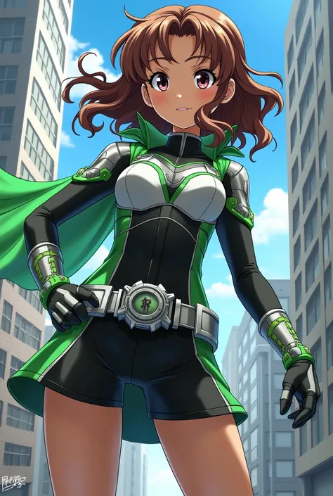  Create an image in the style of Boku no hero of a brown-haired girl with tan skin, wavy with a costume with the colors black , white, grey and green

 