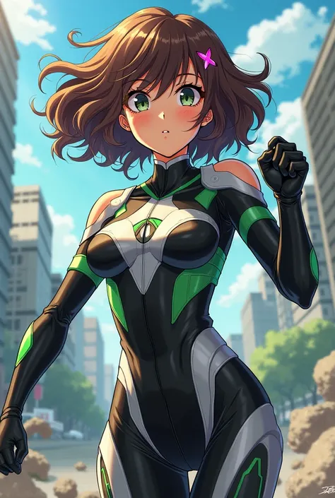  Create an image in the style of Boku no hero of a brown-haired girl with tan skin, wavy with a costume with the colors black , white, grey and green

 