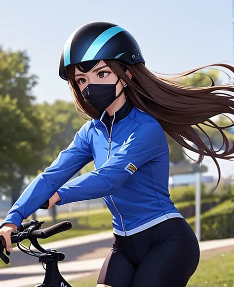 woman, full face helmet, long hair brown, normal, she is solo, from alternative world ,best quality, realistic, cycling blue black color suit and cycling sports shorts