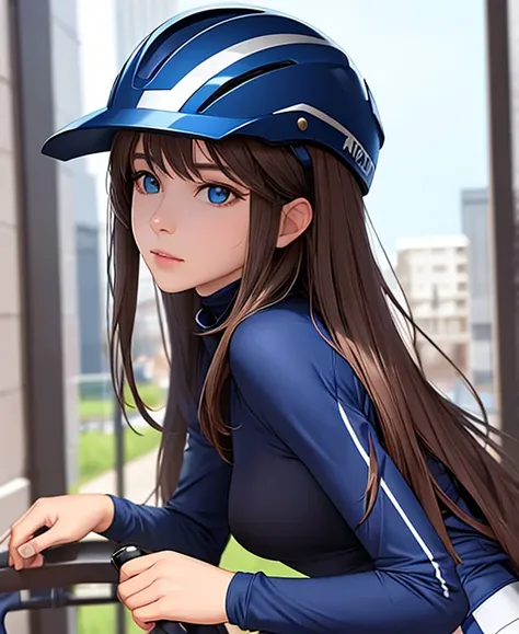 woman, full face helmet, long hair brown, normal, she is solo, from alternative world ,best quality, realistic, cycling blue black color suit and cycling sports shorts