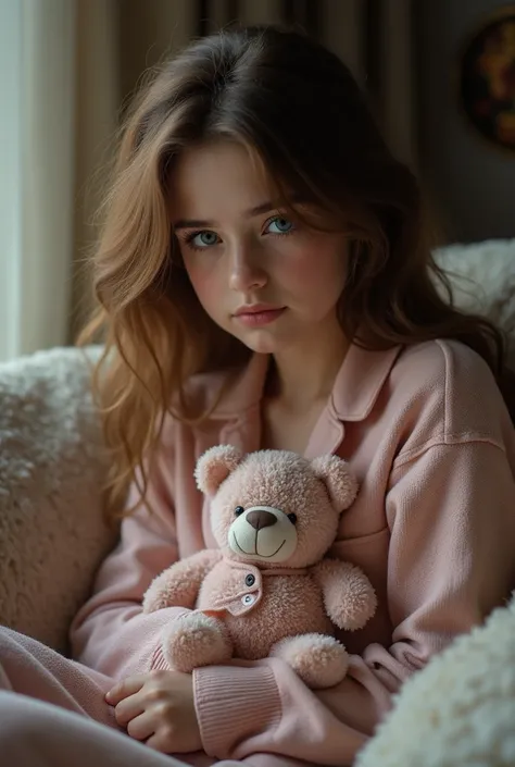  masterpiece,  best quality, 1 ,  Beautiful young woman in sad pajamas on the living room sofa.   extremely intricate,  detailed,  BROWN HAIR,  blue eyes, (( masterpiece)), extremely  detailed,  best quality,  High resolution little bear. 