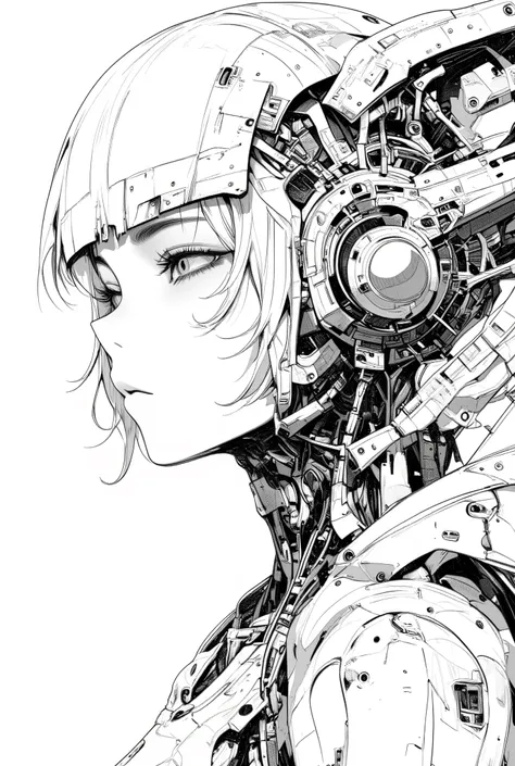 ((best quality)), ((masterpiece)), (detailed), perfect face of cyberpunk mecha japanese girl, surreal, art nouveau, in the illustrative style of moebius, spaceships, aliens, fantasy, sci-fi, graphic novel, line drawing, french retro, black and white colors...