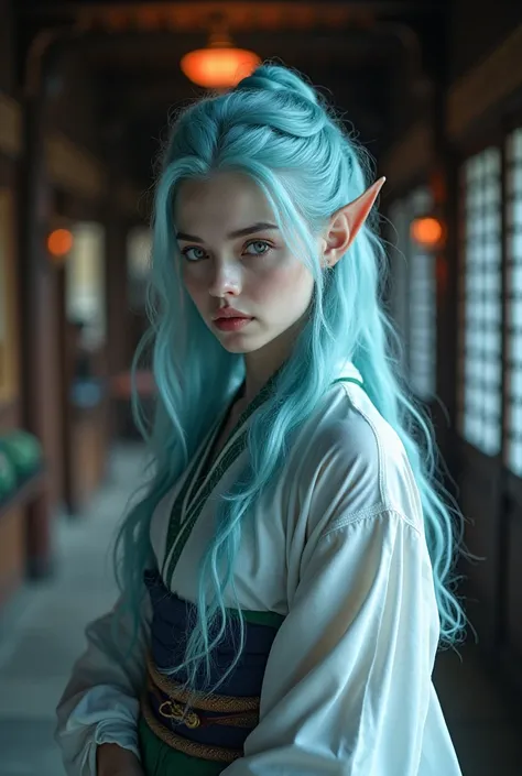 Upper body shot, European woman, European face, pointed elf ears, white skin, sky blue hair, closed mouth, feudal Japanese kimono, dynamic pose, complex fantasy character, NSFW, cinematic lighting, fantasy, magic, detailed background, in a feudal Japanese ...