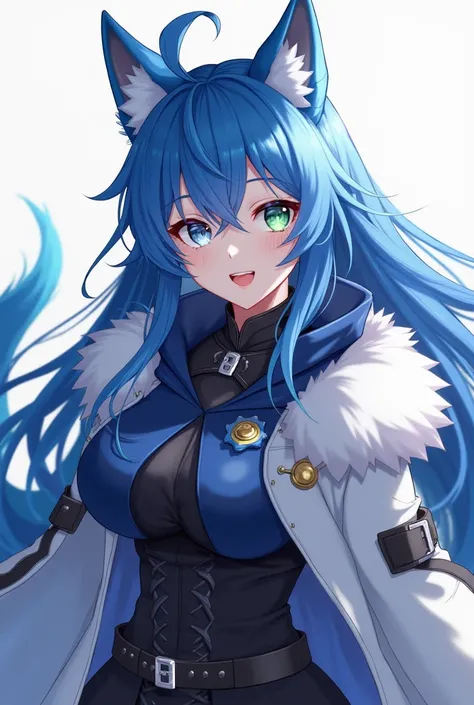 ( top quality,  best quality,  official art , beautiful and aesthetic:1.2) female anime, Girl with wolf,  long blue hair ,  dark blue right eye , left eye green,  blue wolf ears , voluminous blue tail ,  voluminous white coat ,  wearing a blue cape , Armad...