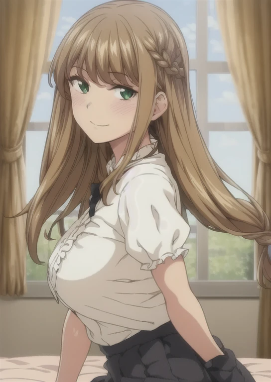 ((Best quality)),((Ultra-detailed)),((illustration)),((frilld)),(1 girl),(Solo),
1girl, bangs, bed, black skirt, braid, breasts, canopy bed, closed mouth, curtain grab, curtains, day, eyebrows visible through hair, indoors, long hair, looking at viewer, op...