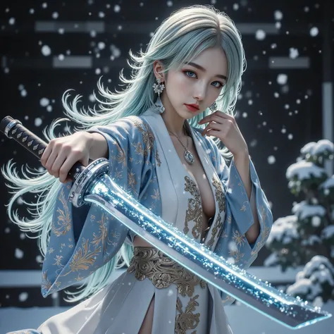 Temple Background、A precise Japanese sword with a blade that shines blue、Holding a Japanese sword in hand、Unexposed whole body、beautiful fighting poses、The glowing snow is dancing、I'm wearing a blue and gold detailed kimono with a beautiful pattern、beautif...