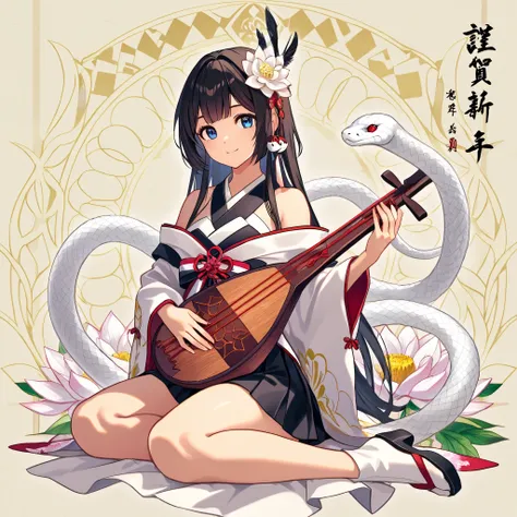 ((Japanese lute))、biwa lute,((play lute))、((hoideing biwa lute)),hkwarrior 、, h4nd ,hand , perfect hand、1snake、Serpent's Head、White Snake、Big snake、White Snakeを従える、Black Haired Woman、Fairy、Benzaite, Seven Gods of Good Fortune, Goddess with Biwa, elegant, B...