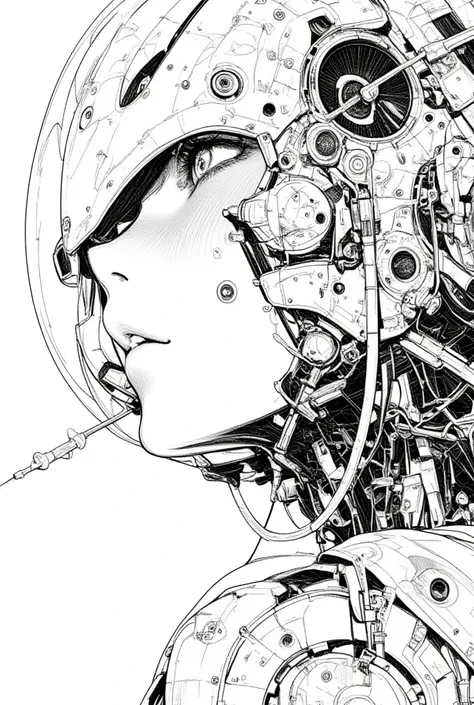 ((best quality)), ((masterpiece)), (detailed), perfect face of cyberpunk mecha japanese girl, surreal, art nouveau, in the illustrative style of moebius, spaceships, aliens, fantasy, sci-fi, graphic novel, line drawing, french retro, black and white colors...