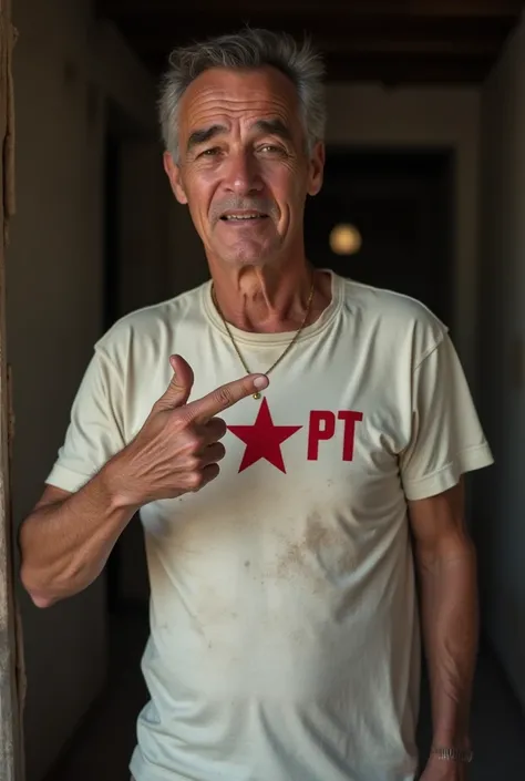  Create an image, of a man, in HD, with a dirty white shirt,  a red star on the chest with the acronym PT,  making the letter L with the hand , The man between 50 and 60 years old, He's in a poor house.