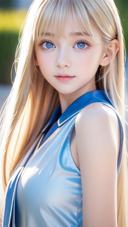  bust shot、 beautiful blonde girl from Scandinavia 、 beautiful shining silky skin 、18 years old、 lovely innocent first pretty young 、 is cute 、 beautiful face、 beautiful faceの前で踊る輝く前髪、 beautiful eye covering bangs 、 bangs between eyes、 sexy、 is cute 、 beau...