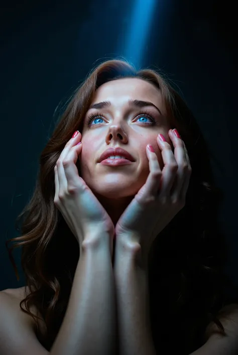 A close-up artistic portrait of a woman with long, wavy brown hair and fair skin, her blue eyes gazing upward with an intense yet serene expression. Her hands are delicately placed near her face, fingers partially obscuring one eye, casting soft shadows ov...