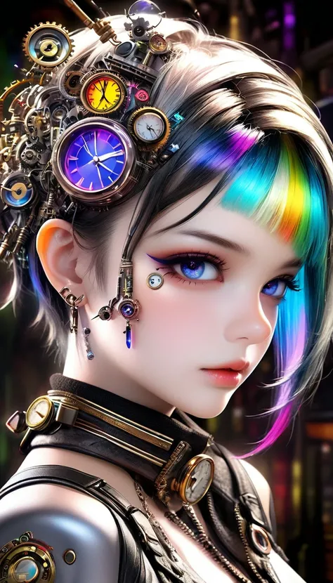 ( cyberpunk,  clock punk ,  DIESEL PUNK ,  steampunk), A work of art carved from pearl platinum crystal, Background Diverse Punk, Cool Beauty,  attractive proportions, ( more details,   absolute resolution ,  best quality:1.3), 2.5D, Subtle and dynamic eff...