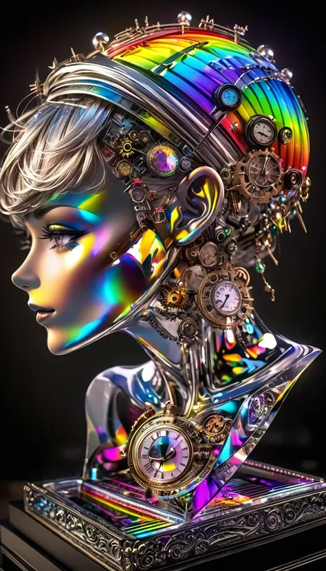 ( cyberpunk,  clock punk ,  DIESEL PUNK ,  steampunk), A work of art carved from pearl platinum crystal, Background Diverse Punk, Cool Beauty,  attractive proportions, ( more details,   absolute resolution ,  best quality:1.3), 2.5D, Subtle and dynamic eff...