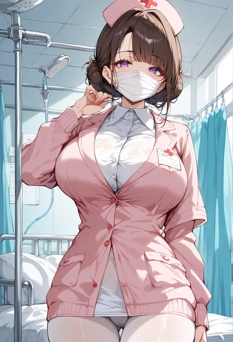  score_9,  score_8_ up,  score_7_ up,  source_Anime,、 mature female, 40 yo, brown hair, updo, messy bun, (low bun:1.3), bun,
sidelocks, bangs,
purple eyes, eyelashes, narrowed eyes, large breasts,
(white mouth mask:1.2),(eye highlights:1.3),

BREAK white n...