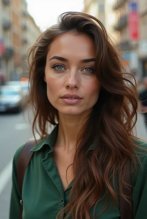  A woman with wavy brown hair and blue eyes, Green walking on the street