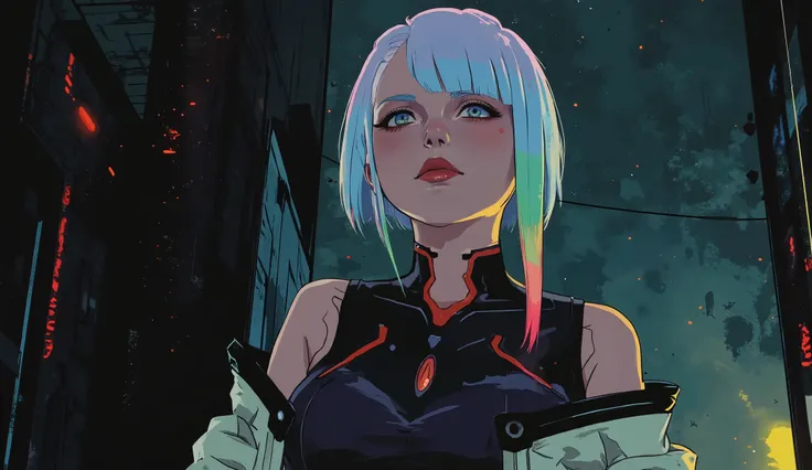 short hair, lucy (cyberpunk), 1girl, bangs, multicolored hair, red eyeliner, jacket, makeup, cyberpunk, white hair, bare shoulders, red lips, multicolored eyes, bodysuit, off-shoulder jacket, breasts, parted bangs, night, open clothes, off shoulder, blunt ...