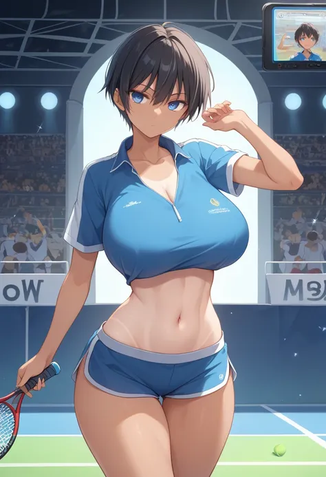   1 girl, Alone,    Millimeter Open Mature Woman,  huge breasts ,   Wide Hips ,  curvy,   tomboy girl ,   straight hair,   short hair  ,  short bang ,    black hair ,    expressionless 、  blue eyes 　　Tan Line　　Super large wide TV vision shooting screen in ...