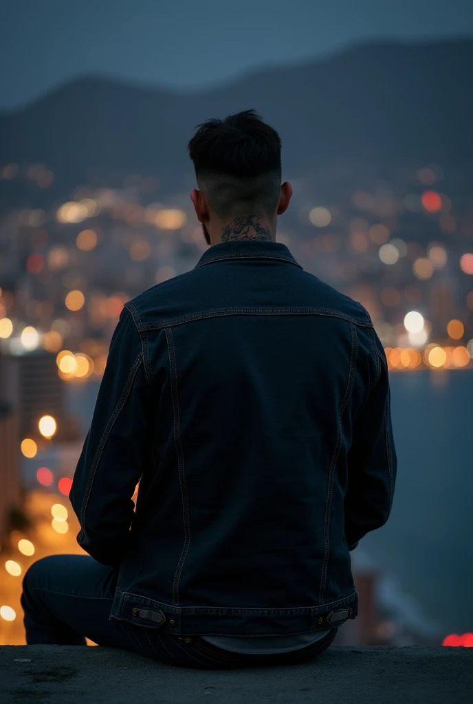  high quality, 8K ultra HD,  Man sitting on the edge of a building, focused from behind. Back pose , Looking forward he wears a dark black denim jacket, medium frame, dark night  , Lights  , Chile city Viña del Mar ,  various head tattoos ,  short hair, no...