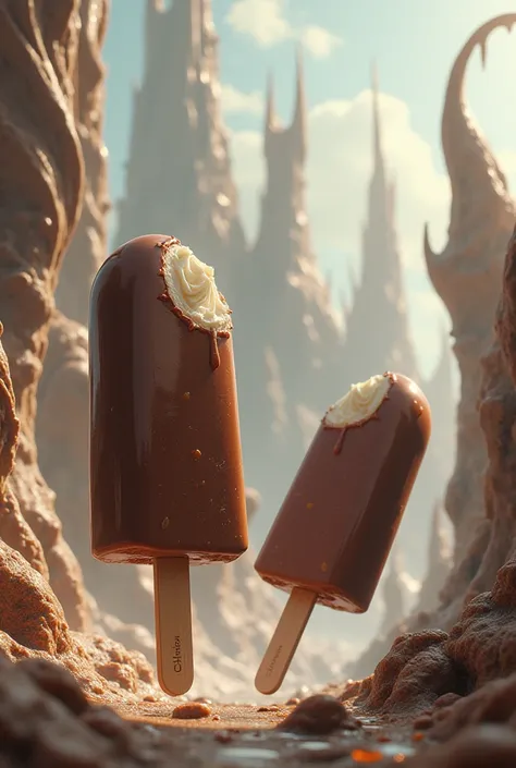 Chocolate ice cream popsicles and epic surreal buildings in the background