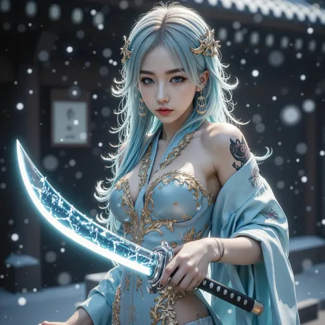 Temple Background、A precise Japanese sword with a blade that shines blue、Holding a Japanese sword in hand、Unexposed whole body、beautiful fighting poses、The glowing snow is dancing、I'm wearing a blue and gold detailed kimono with a beautiful pattern、beautif...