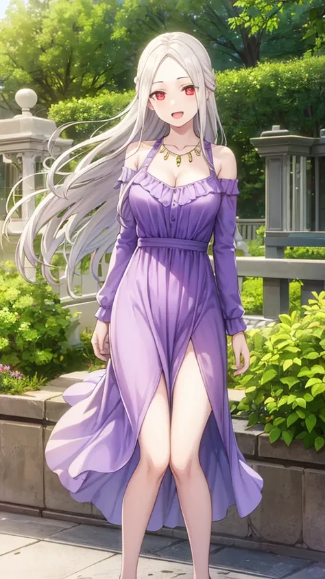 Masterpieces, Best Quality, girl, looking at viewer, leonoranakiri, leonora nakiri, long hair, red eyes, white hair, pale skin, (forehead:1.2),
BREAK dress, cleavage, bare shoulders, jewelry, necklace, purple dress, standing, smile, open mouth, outdoors 