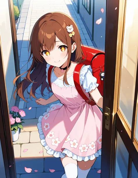 Masterpiece, hd, 1girl,  smile, looking at viewer, in doors, spring,pink dress, gothic dress, brown hair, long hair, hair ornaments, brown eyes, glowing eyes,  long hair, white thighhighs, frilled dress,  detailed face, petals, flower patterned dress,  cho...