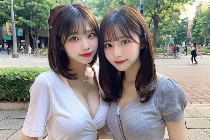 Indonesian girl Hairstyle Casual, F Cup Breasts wearing casual uptown sexy girl with her friend at park