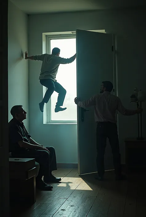 A closed room, a man jumps out of the room from an open window, another man stays sitting and is terrified, a third man holds the door hard 