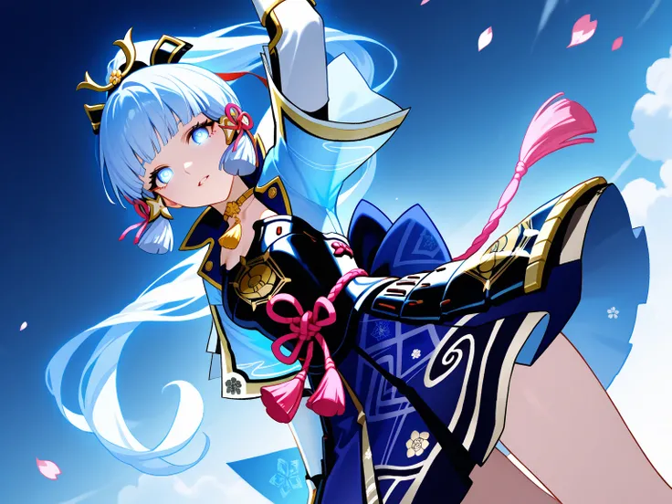 kamisato ayaka\(genshin impact\), beautiful girl with silver-blue hair, blue glowing eyes, pony tail, 