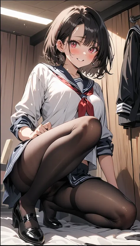 ( beautiful girl  : 1.3), 1 girl,( sailor suit,Roll up your sleeves, earrings, pantyhose,underwear,pubic hair), black hair, bob cut,Forehead,smile,Embarrassed,blush, crouch,Leg spread, dressing room,masterpiece, best quality, super high resolution, rich co...