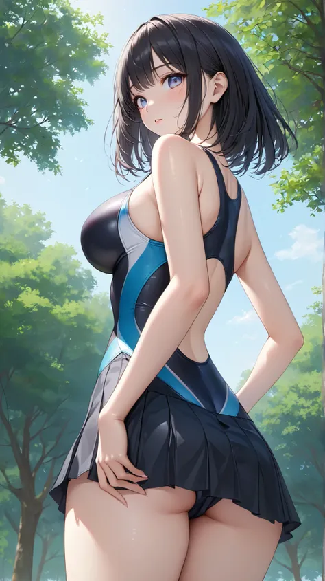 (masterpiece,best quality,ultra detailed,high resolution),(realistic:0.1),(looking viewer),cowboy shot,black hair,straight hair,a woman,beautiful eyes,fair-skin,training swimsuit,tight skirt,on the park,from behind,from below,large breast,