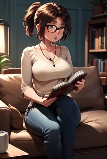 a nerdy girl,1girl,mature,woman, adult,older, about 40 years old,resembles Cass Hamada,glasses,braces,messy brown hair,high ponytail,cute freckles,oversized sweater,large breasts,skinny jeans,converse sneakers,holding a book,reading a book,geeky,cute nerd,...