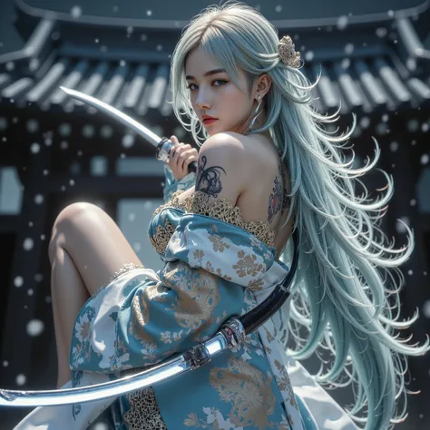 Full body in kimono、Temple Background、A precise Japanese sword with a blade that shines blue、Holding a Japanese sword in hand、Unexposed whole body、beautiful fighting poses、The glowing snow is dancing、I'm wearing a blue and gold detailed kimono with a beaut...