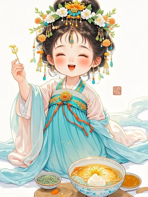 A beautiful and cute  of s， Chinese style ，Light blue background  ，Happy Mood