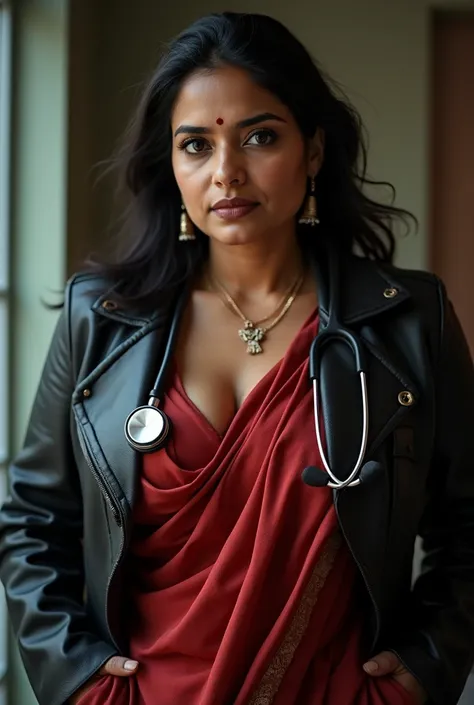 Indian medfet doctor aunty wearing satin saree, leather coat and stethoscope around her neck, looking at camera with a serious and sensual expression, 45 years old, voluptuous 