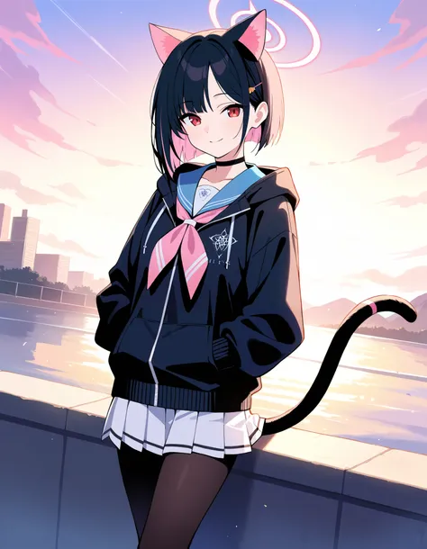 Masterpiece, hd, 1girl, blue archive, blue archive character, trinity, short hair,skirt,black hair,hair ornament,red eyes,long sleeves,animal ears,jacket,pink hair,pantyhose,sidelocks,pleated skirt,choker,hairclip,cat ears,hood,miniskirt,sailor collar,blac...